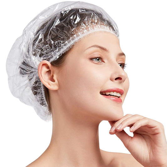 OMWAH 100 PCS Disposable Shower Caps Large Clear Waterproof Processing Conditioning Plastics Elastic Shower Cap For Kids, Girls, Travel, Spa, Hotel Beauty and Personal Care OMWAH