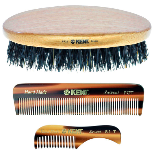 Kent Mens Beard Kit, 81T Extra Small Beard Mustache Comb, Fot All Fine Tooth Pocket Comb and PF22 Oval Palm Hair Brush. Beard and Mustache Grooming Beauty and Personal Care KENT