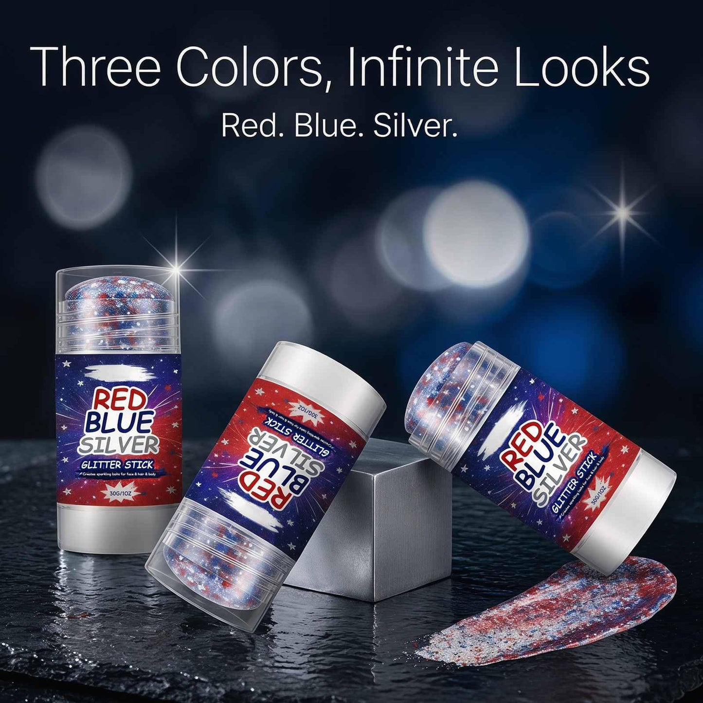 4th of July Glitter Stick,Face & Body Glitter Stick,Red Blue Silver Chunky Glitter Stick,Face Hair Body Glitter Makeup Stick for Party,Festival