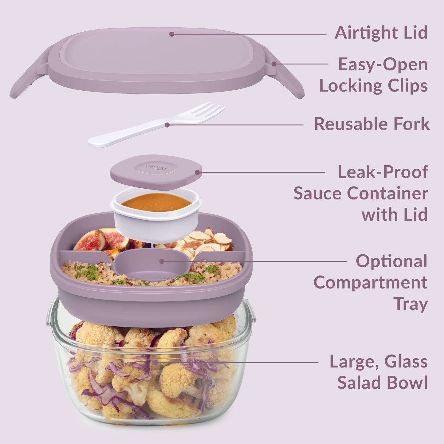 Bentgo Glass All-in-One Salad Container - Large 61-oz Salad Bowl with Lid, 4-Compartment Bento-Style Tray, 3-oz Sauce Container, and Reusable Fork…