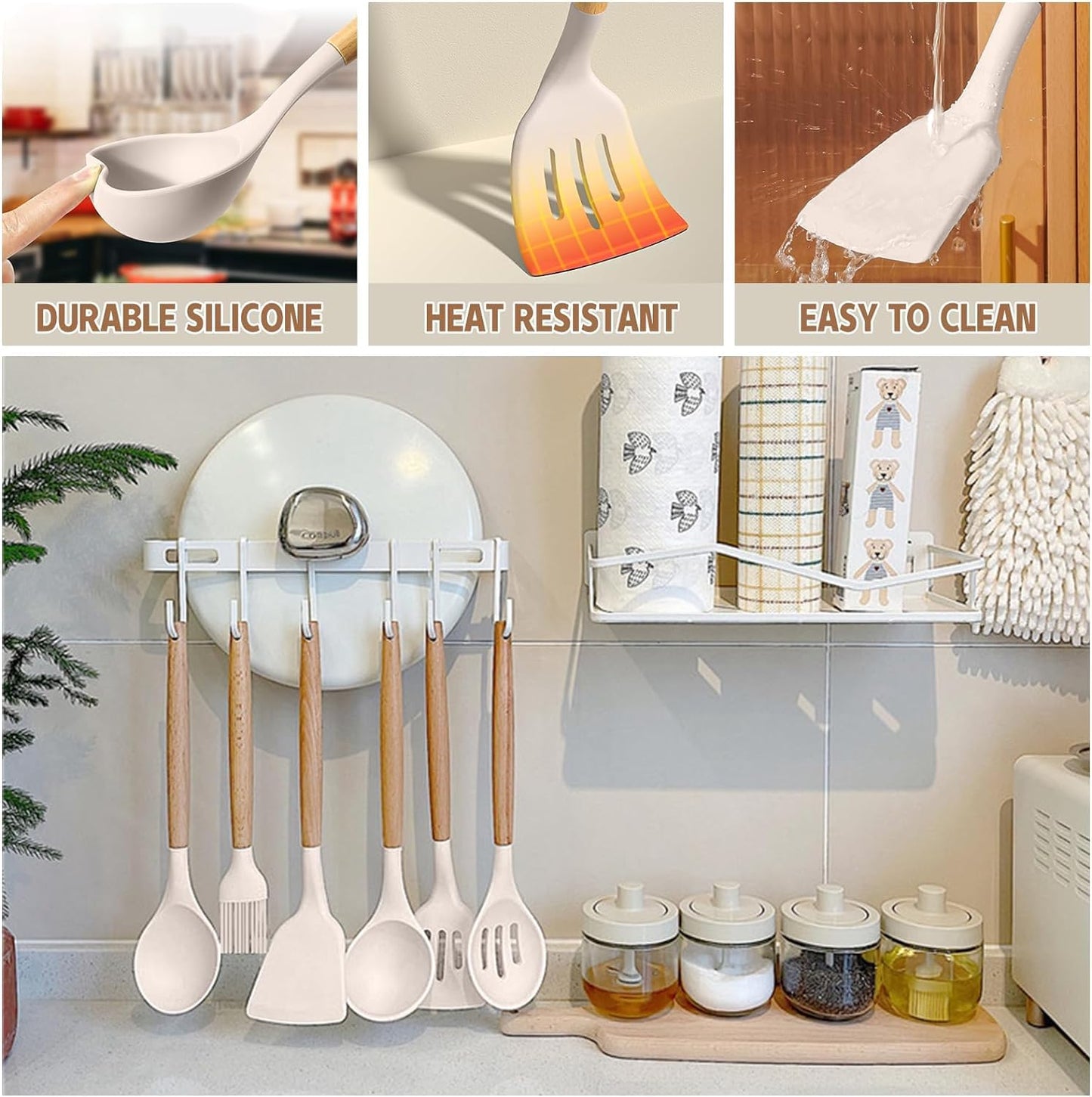 Umite Chef 33-Piece Kitchen Utensil Set – Non-Stick Silicone Spatulas with Wooden Handles & Holder, Khaki Kitchen Gadgets