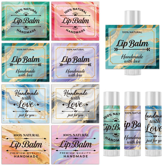 Peacoblue 160Pcs Lip Balm Labels Sticker for Tubes 2.1"x1.7" Gold Marble Texture, 8 Styles Waterproof Chapstick Labels Glossy for Homemade Lip Balm Beauty and Personal Care peacoblue
