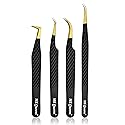 MK Queens Lash Tweezers - Stainless Steel Fiber Tip Eyelash Tweezers (Set of 4) - Diamond Grip Professional Lash Tweezers for Eyelash Extensions
