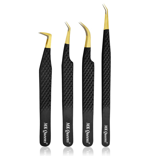MK Queens Lash Tweezers - Stainless Steel Fiber Tip Eyelash Tweezers (Set of 4) - Diamond Grip Professional Lash Tweezers for Eyelash Extensions