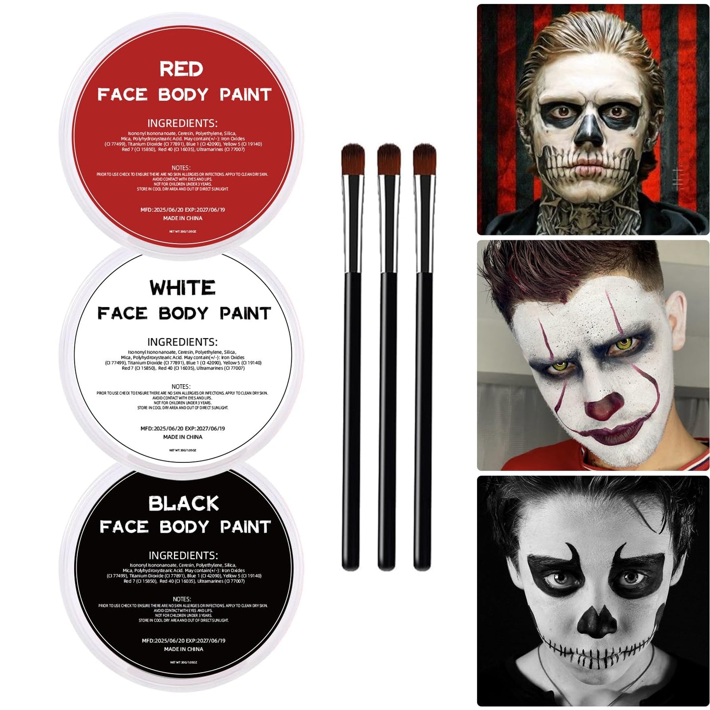White Black Red Oil Face Body Paint Set,Halloween Joker Clown Makeup Kit with 3 Brushes, Professional Black White Red Face Body Painting Kit