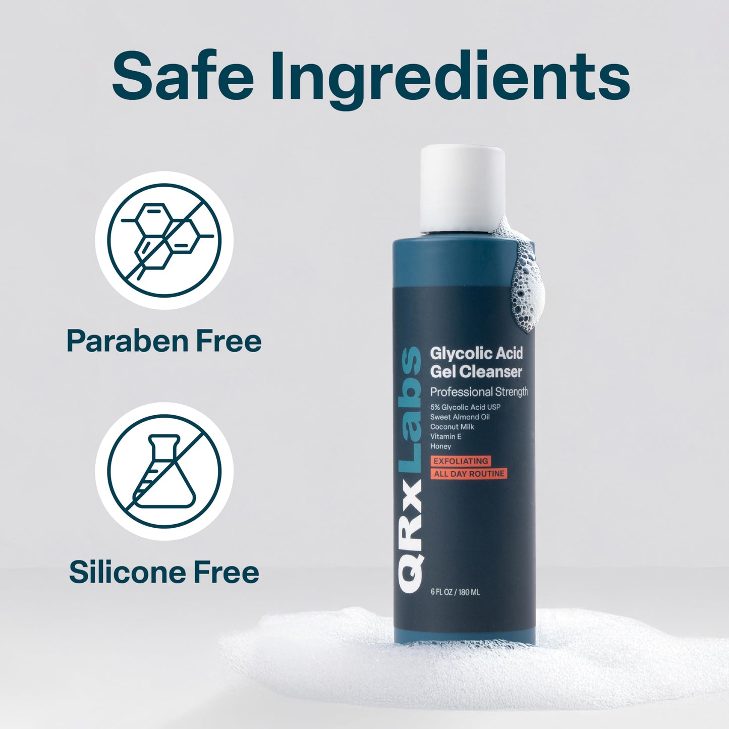 QRxLabs Glycolic Acid Face Wash 6 oz – Gentle Exfoliating Gel for Smoother Skin, Hydration, Blemish-Prone Skin & Ingrown Hair Care