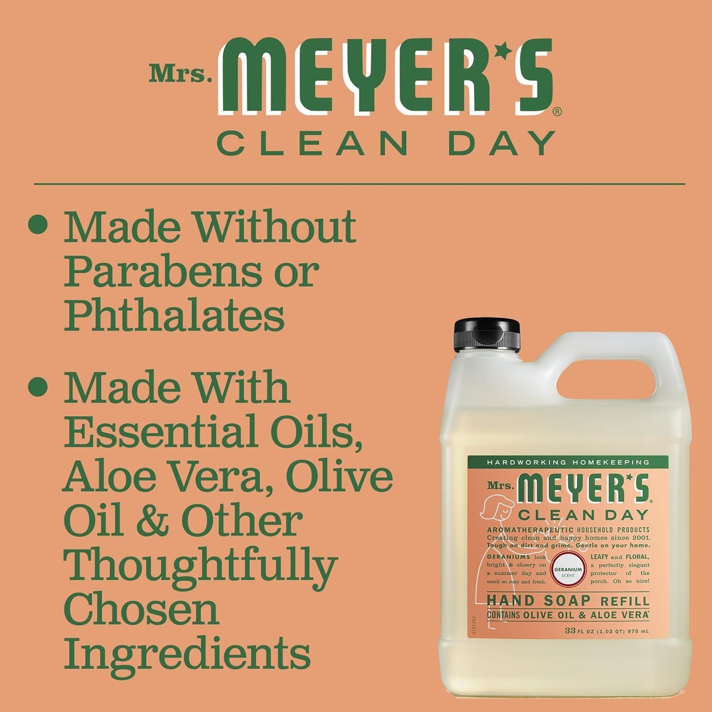 MRS. MEYER'S CLEAN DAY Hand Soap Refill, Made with Essential Oils, Geranium, 33 fl. oz