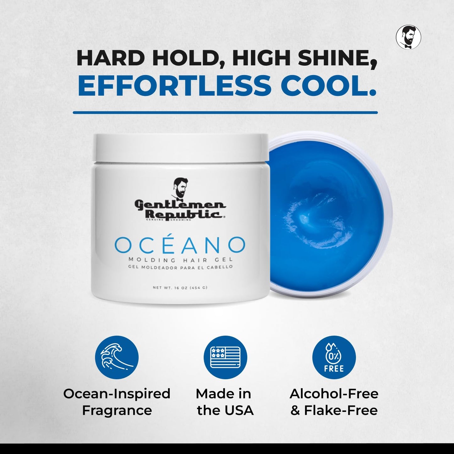 Gentlemen Republic Oceano Men's Hair Gel 16oz W/Pump - Strong Touchable Hold and High Shine Styling Gel for Hair, 100% Alcohol-Free Professional