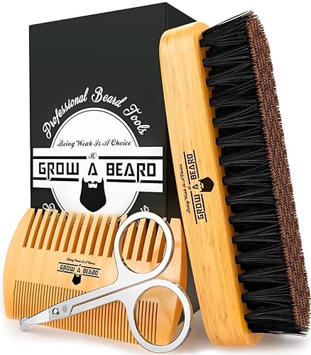 Beard Brush For Men & Beard Comb Set w/Mustache Scissors Grooming Kit, Natural Boar Bristle Brush, Dual Action Wood Comb, And Travel Bag Great