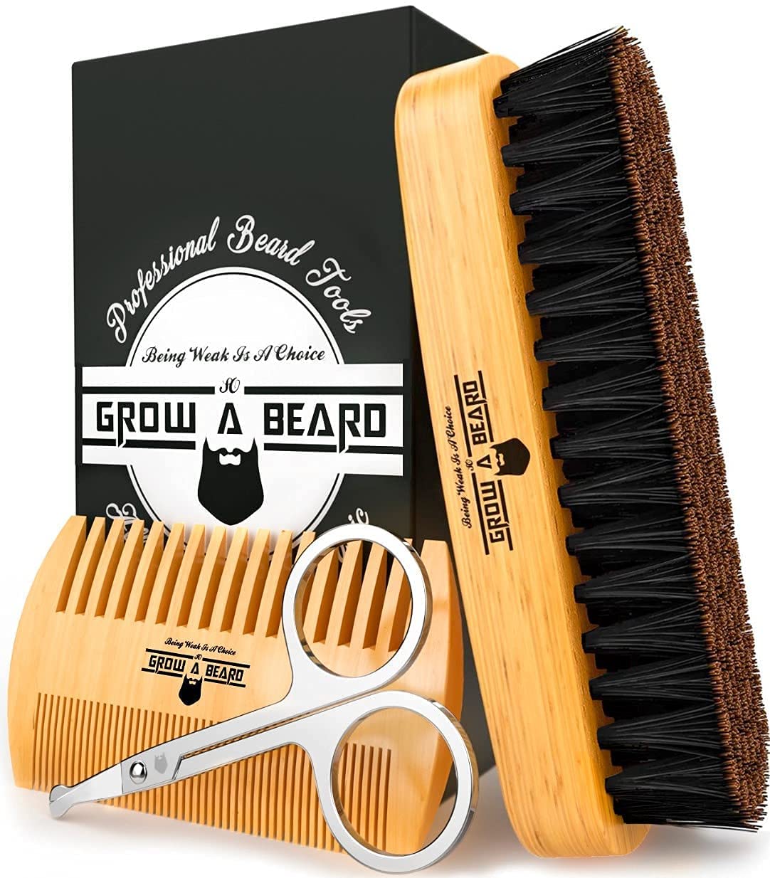 Beard Brush For Men & Beard Comb Set w/Mustache Scissors Grooming Kit, Natural Boar Bristle Brush, Dual Action Wood Comb, And Travel Bag Great