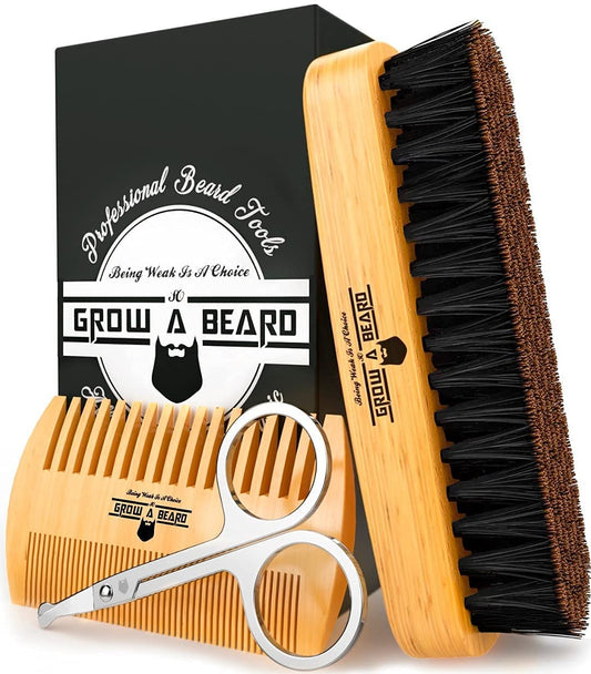 Beard Brush For Men & Beard Comb Set w/Mustache Scissors Grooming Kit, Natural Boar Bristle Brush, Dual Action Wood Comb, And Travel Bag Great