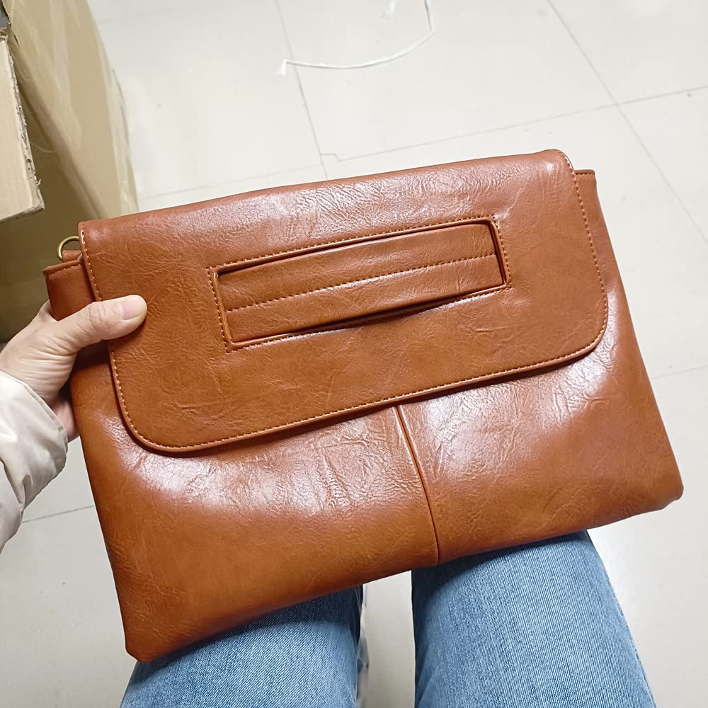 NIGEDU Women Handbags PU Leather Female Clutch Handbag Messenger Bag Large Solid High Capacity (Brown)
