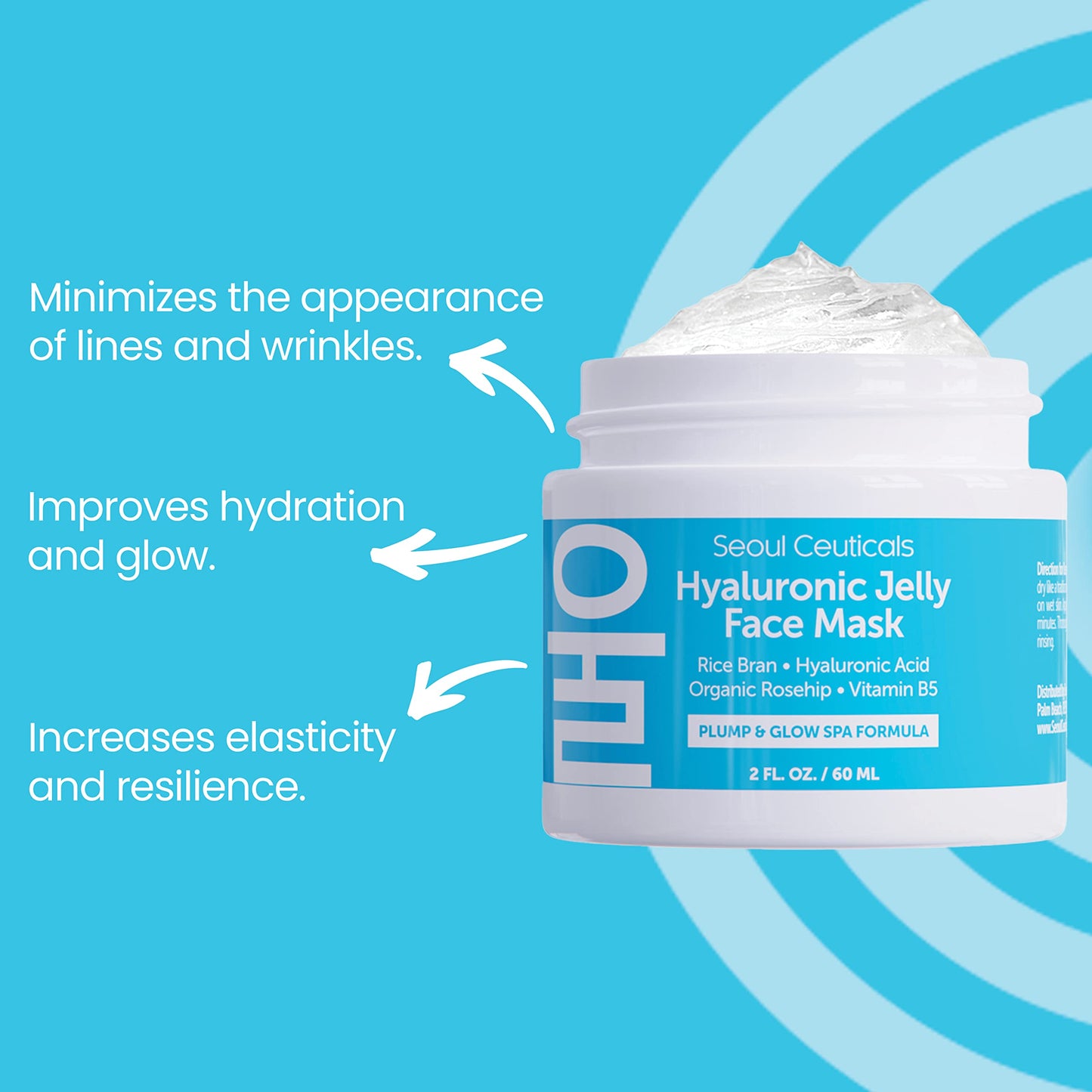 SeoulCeuticals Korean Skin Care Hyaluronic Acid Jelly Face Mask - Rice Bran + Vit B5 + Rosehip Anti Aging K Beauty Skincare for Plump Glowing Skin 2oz