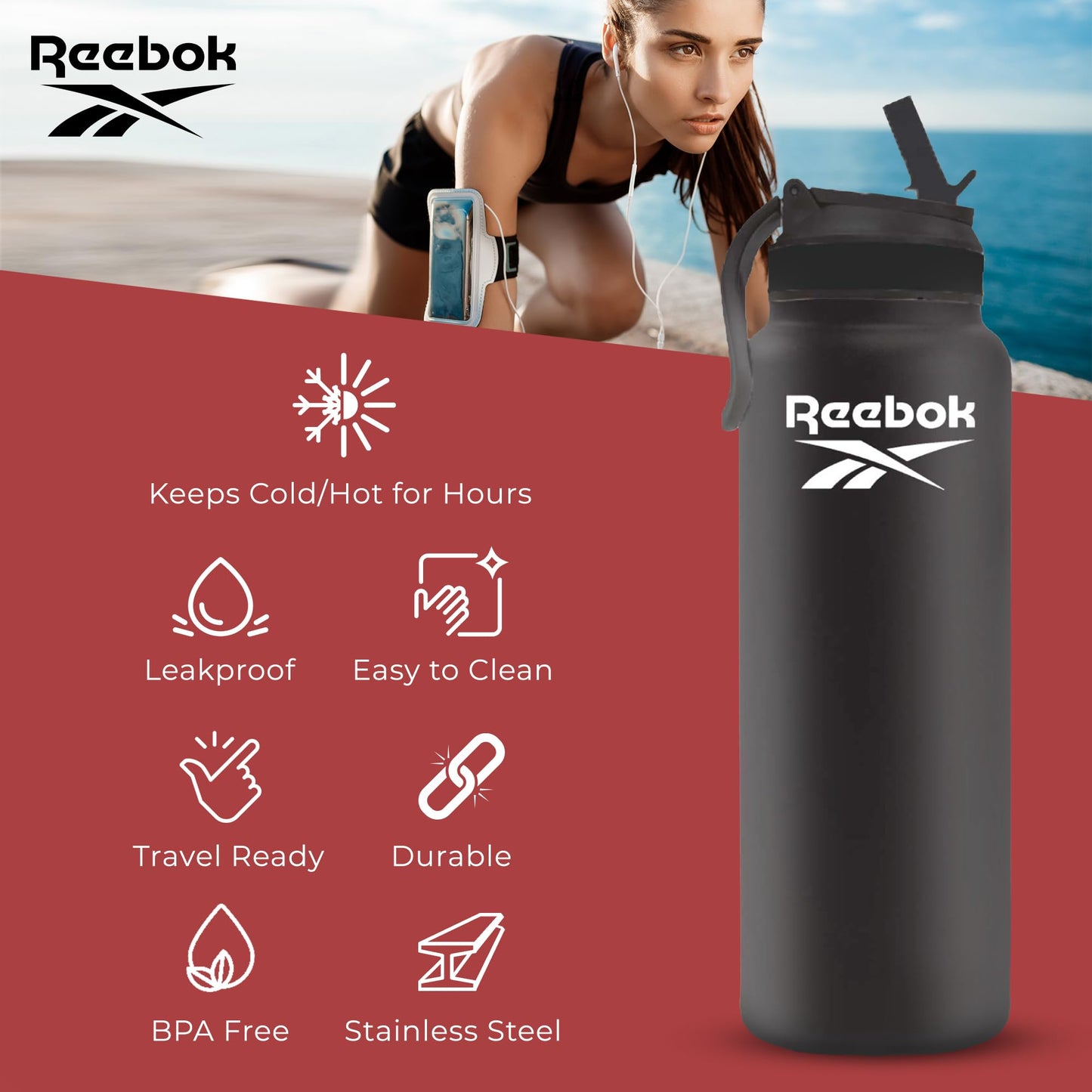 Reebok Stainless Steel Water Bottle With Lifestyle Design - Insulated Water Bottle 32 oz With Straw - Double Wall Vacuum Insulated Sports Water