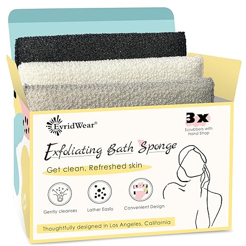 Evridwear Exfoliating Bath Sponge, Daily Skincare Body Scrubbers Loofah Shower Pads with Strap for Body Cleansing, Dead Skin Cell Remover, 3 Count