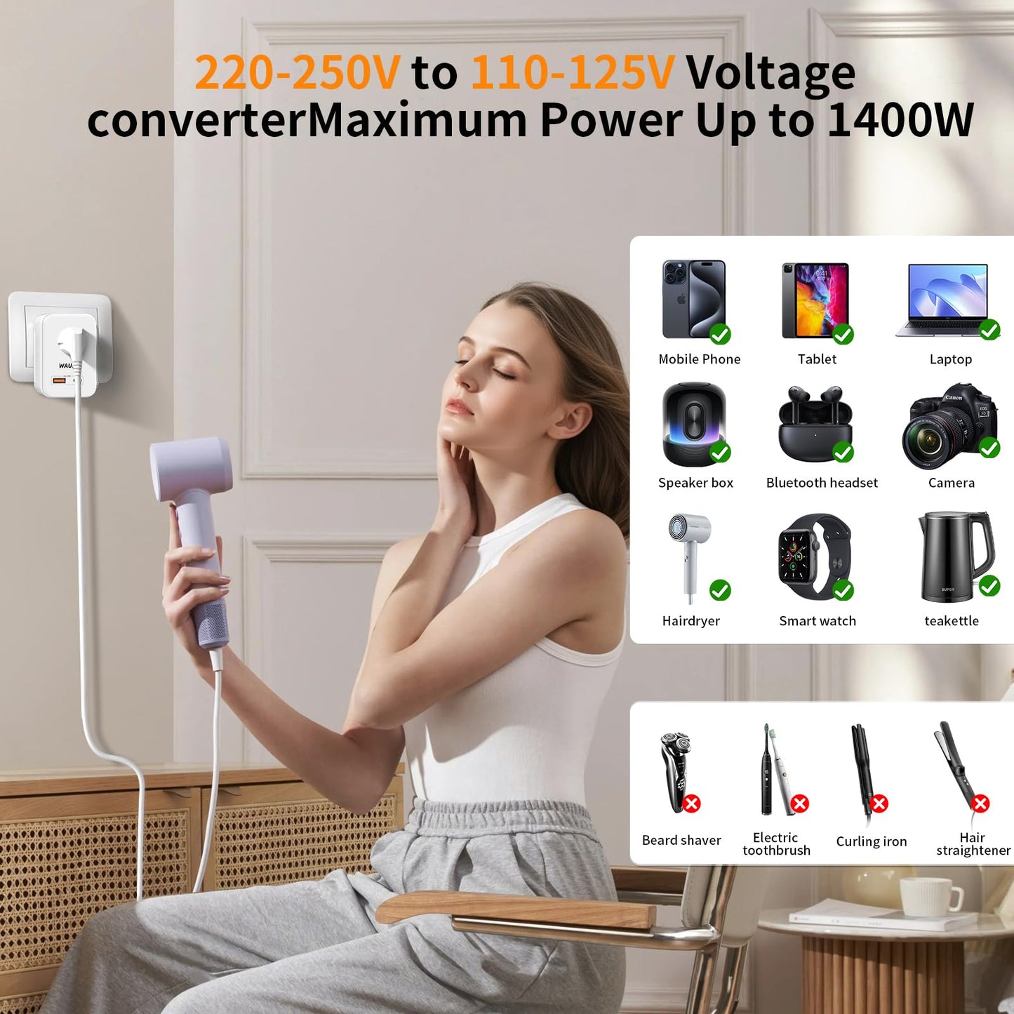 220V to 110V Voltage Converter – 20W PD Travel Adapter, US to Europe Power Converter for 80+ Countries incl. France, Germany, Italy, AU