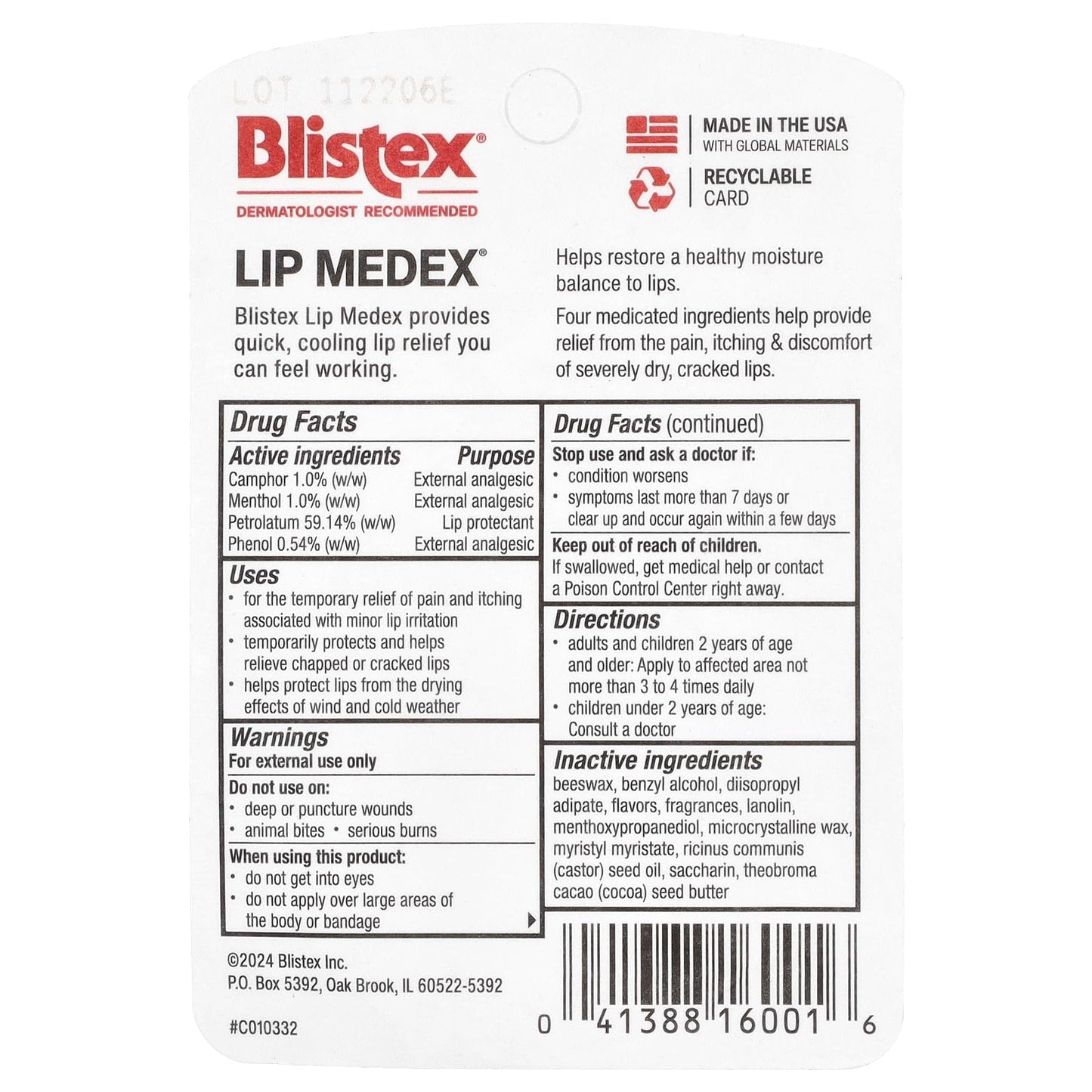 Blistex Lip Medex, Lip Moisturizer, 0.38 Oz