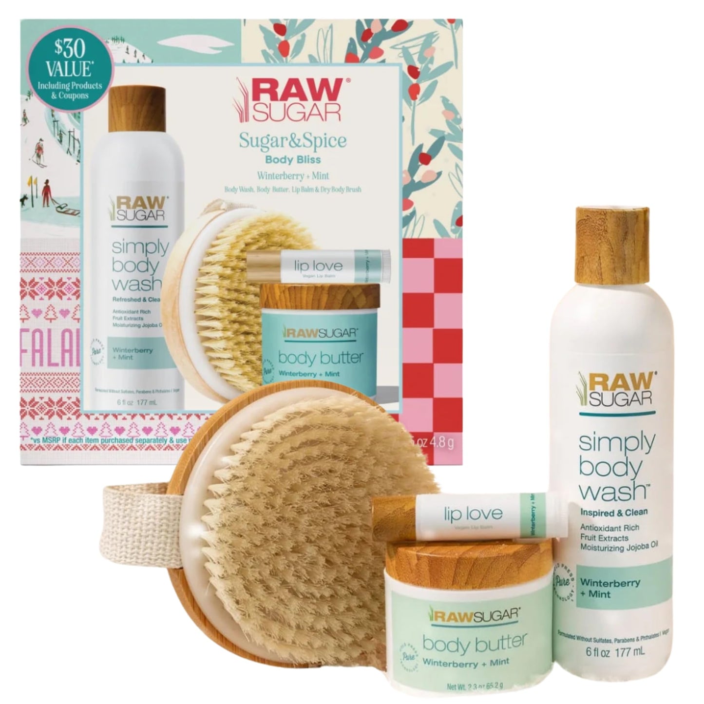 Raw Sugar Body Bliss Gift Set, Winterberry + Mint, Body Wash 6 fl oz, Body Butter 2.3 oz, Lip Balm and Body Brush Beauty & Personal Care RAW SUGAR