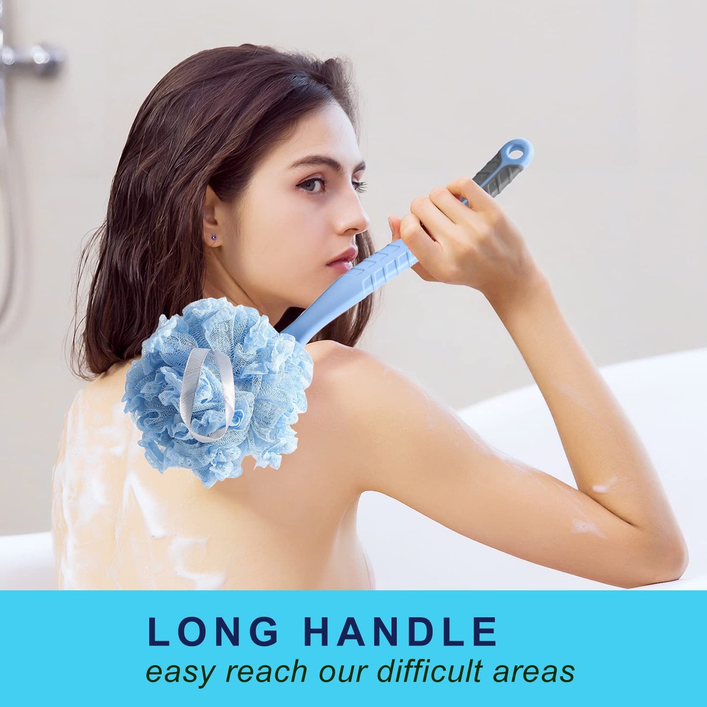 Back Scrubber Brush,TEGOOL Body Bath Shower Brush with Bristles and Loofah/Mesh Sponge,16 Inches Long Handle Built-in TPR Material Non-Slip