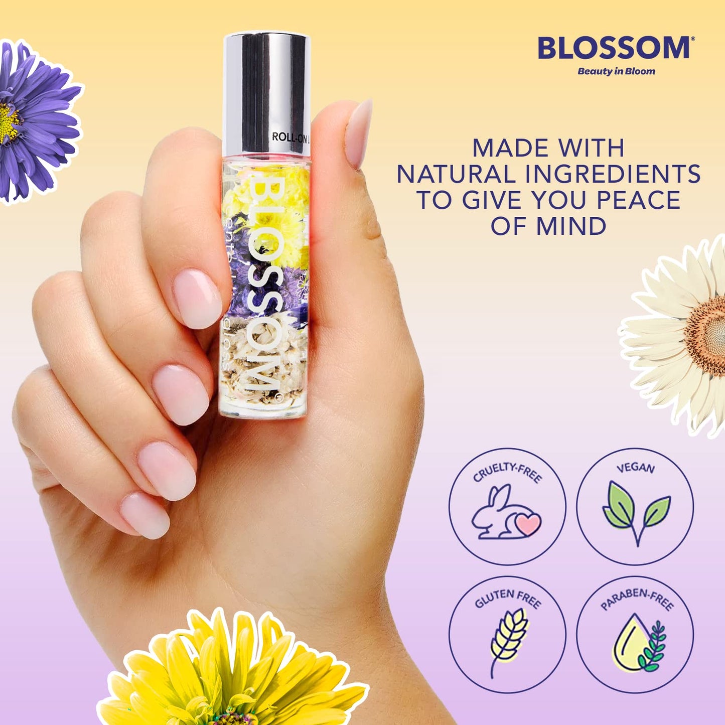 Blossom Roll on Lip Gloss, Scented Clear High Shine Moisturizing Lip Oil, Non Sticky, Infused with Real Flowers, Made in USA, 0.2oz, Vanilla Bean