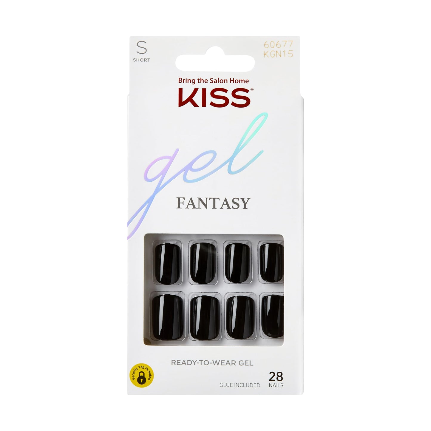 KISS Gel Fantasy Press On Nails, Nail glue included, 'Aim High', Black, Short Size, Squoval Shape, Includes 28 Nails, 2g Glue, 1 Manicure Stick, 1