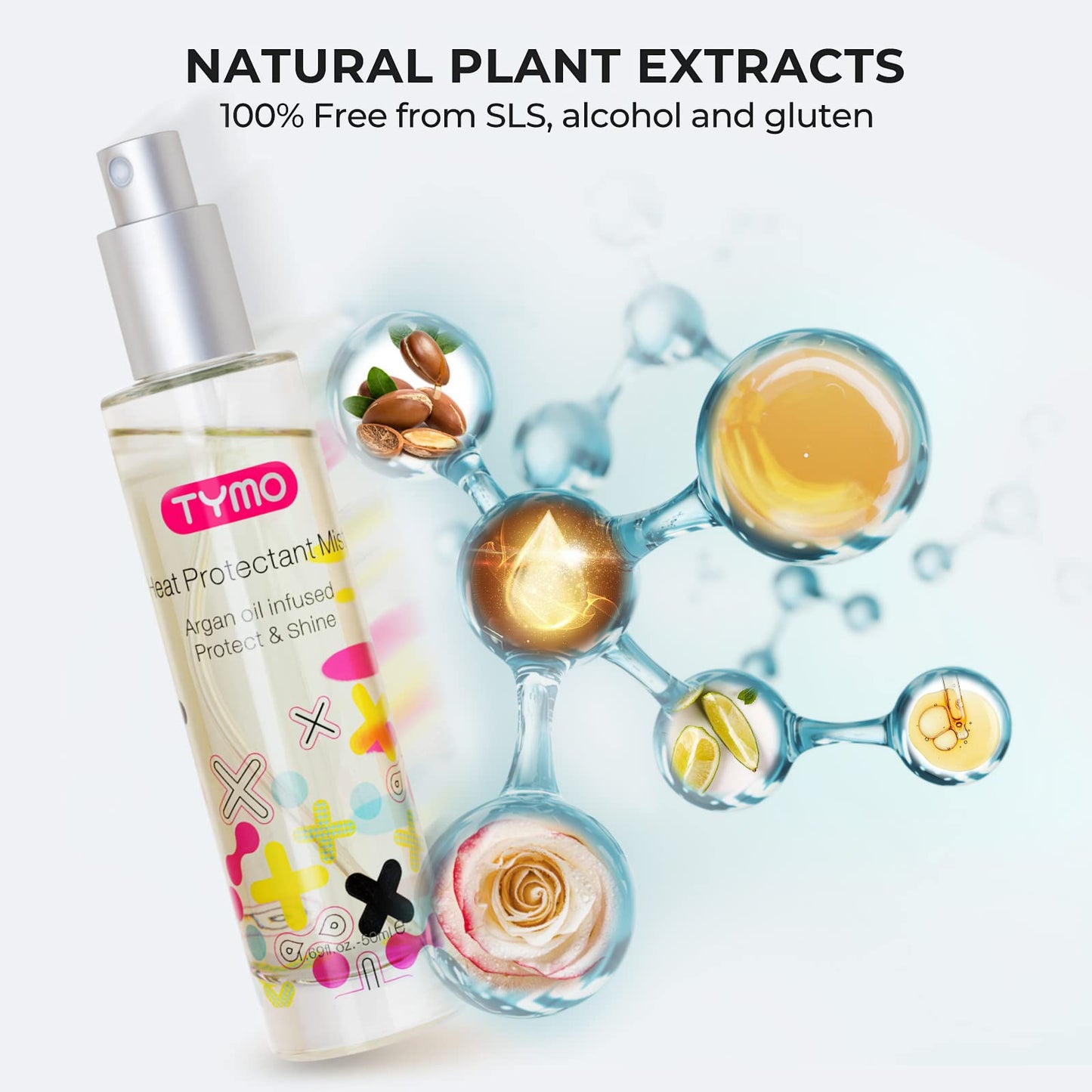TYMO Heat Protectant for Hair with Argan Oil for Heated Styling Tools, Leave in Conditioner Spray to Smooth & Hydrate, Natural Pure Formulation