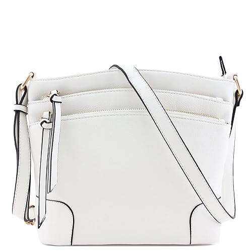 FashionPuzzle Triple Zipper Pocket Medium Crossbody Bag (White)