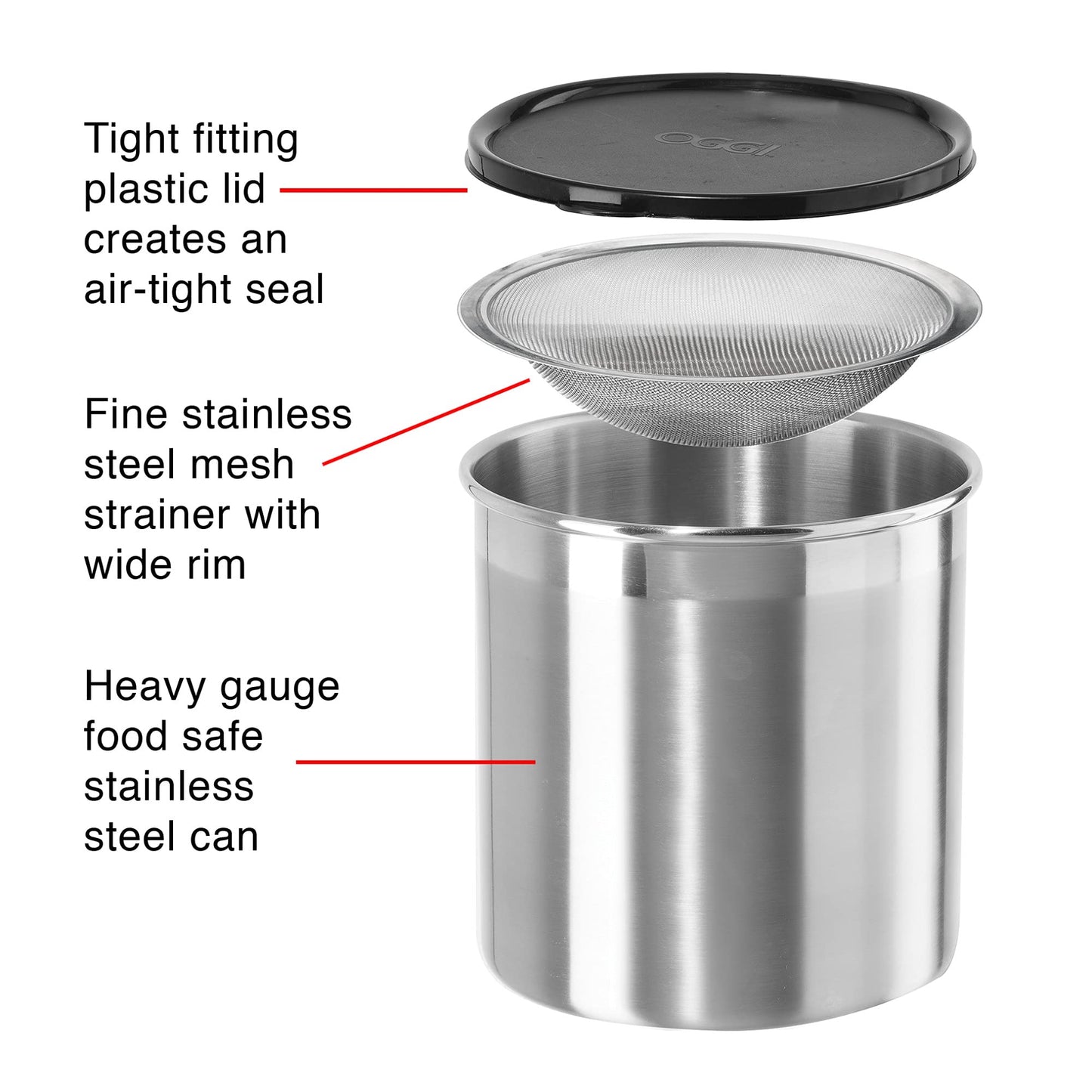 Oggi Stainless Steel Jumbo Grease Container with Removable Strainer and Snug Lid. Perfect container for fryer oil, bacon drippings, lard and ghee…