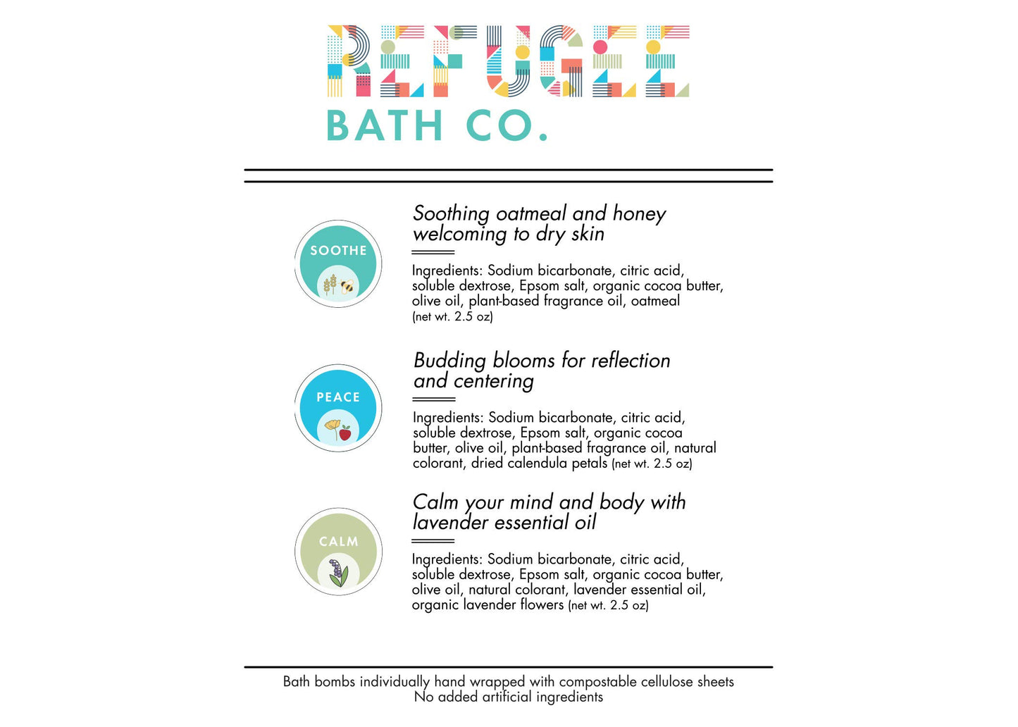Refugee Bath Co. Variety Pack Bath Bombs 3.0 oz. Each Cocoa Butter Support Refugee Employment in USA(Variety 15 Pack: Serenity)