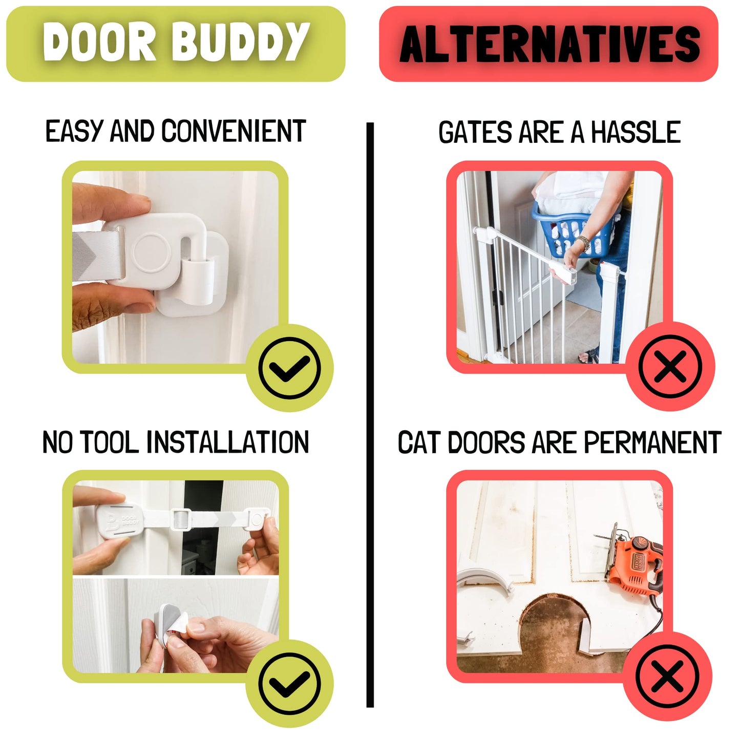 Door Buddy Adjustable Pet Door Latch – Grey Cat Door Strap, Dog-Proof Litter Box & Feeding Area Access, Fits Most Interior Doors
