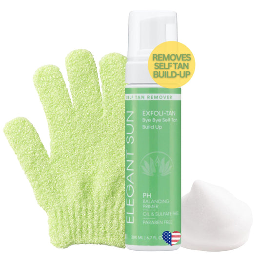 Exfoli-Tan Exfoliating Foam Wash with Scrub Mitt Glove for Self-Tanning - Gentle Foaming Mousse for Sunless Prep, Smoothing Exfoliator for Faux Color