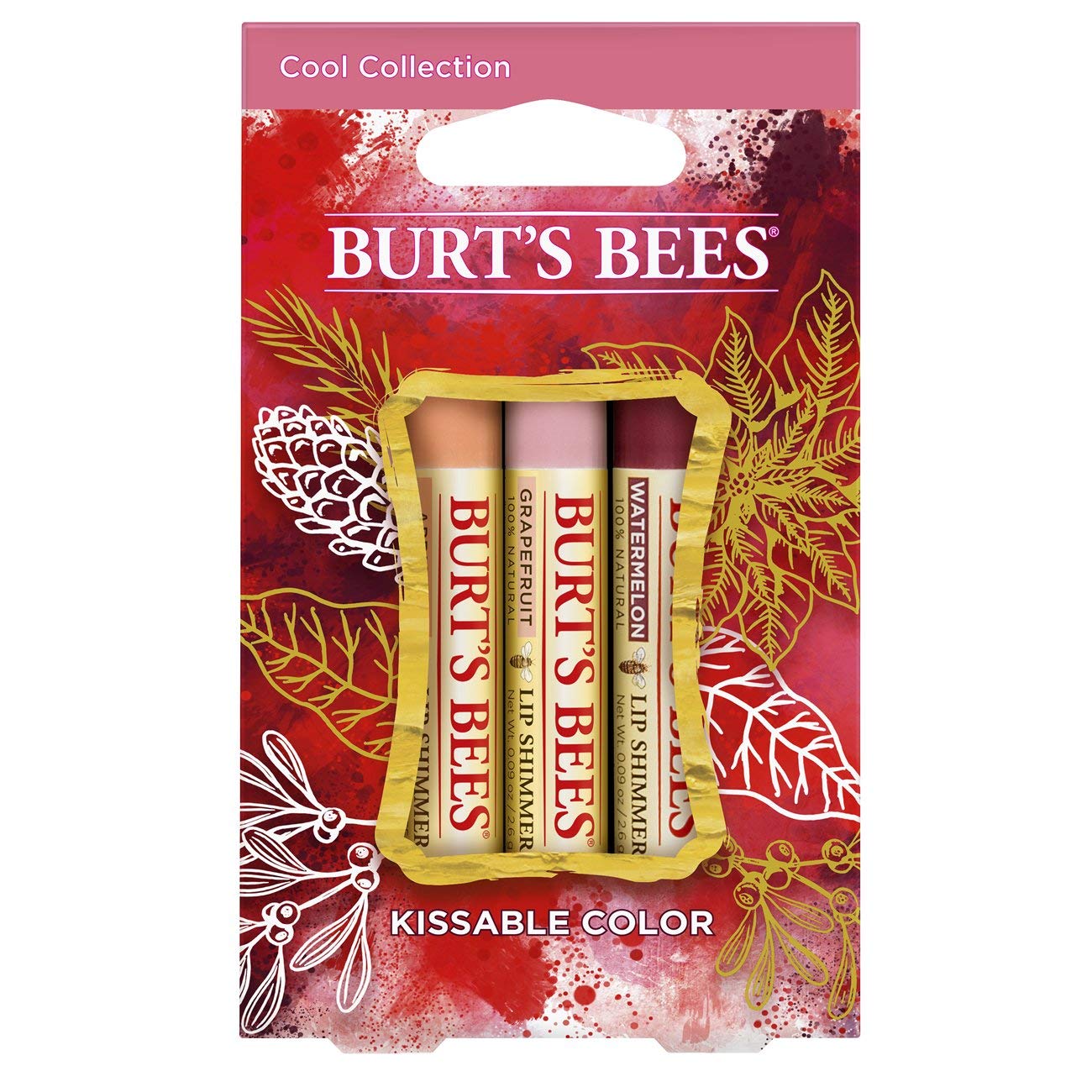 Burt's Bees Kissable Color Holiday Gift Set, 3 Lip Shimmers in Gift Box - Cool Collection in Watermelon, Apricot and Grapefruit