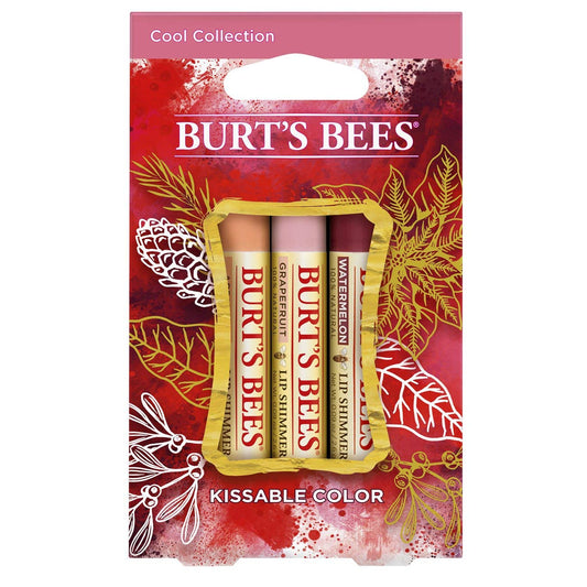 Burt's Bees Kissable Color Holiday Gift Set, 3 Lip Shimmers in Gift Box - Cool Collection in Watermelon, Apricot and Grapefruit