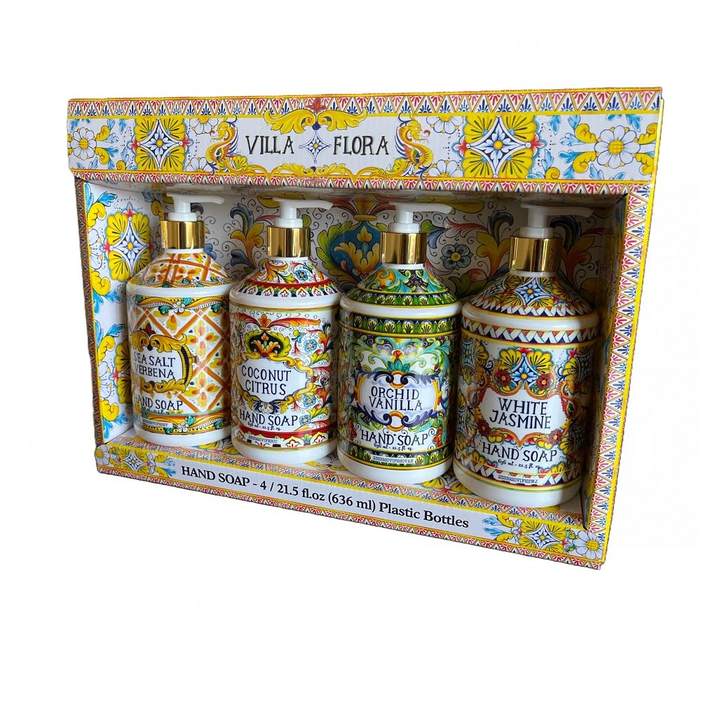 Home and Body Company Hand Soap Villa Flora Collection 16 FL/473ml Bottles infused with Essential Oils (SET OF 4) Sea Salt Verbena, Coconut Citrus