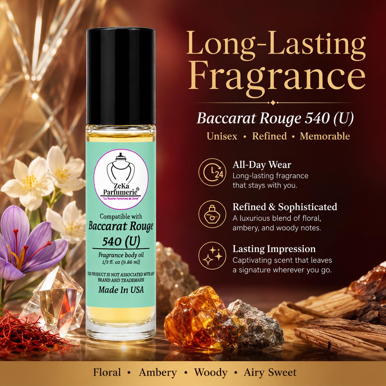 ZEKA PARFUMERIE Compare to Aroma and Compatible with Baccarat Rouge 540 for Woman and Men Fragrance Body Oil on 1/3 oz (9.86ml) size Roll-On Botlle