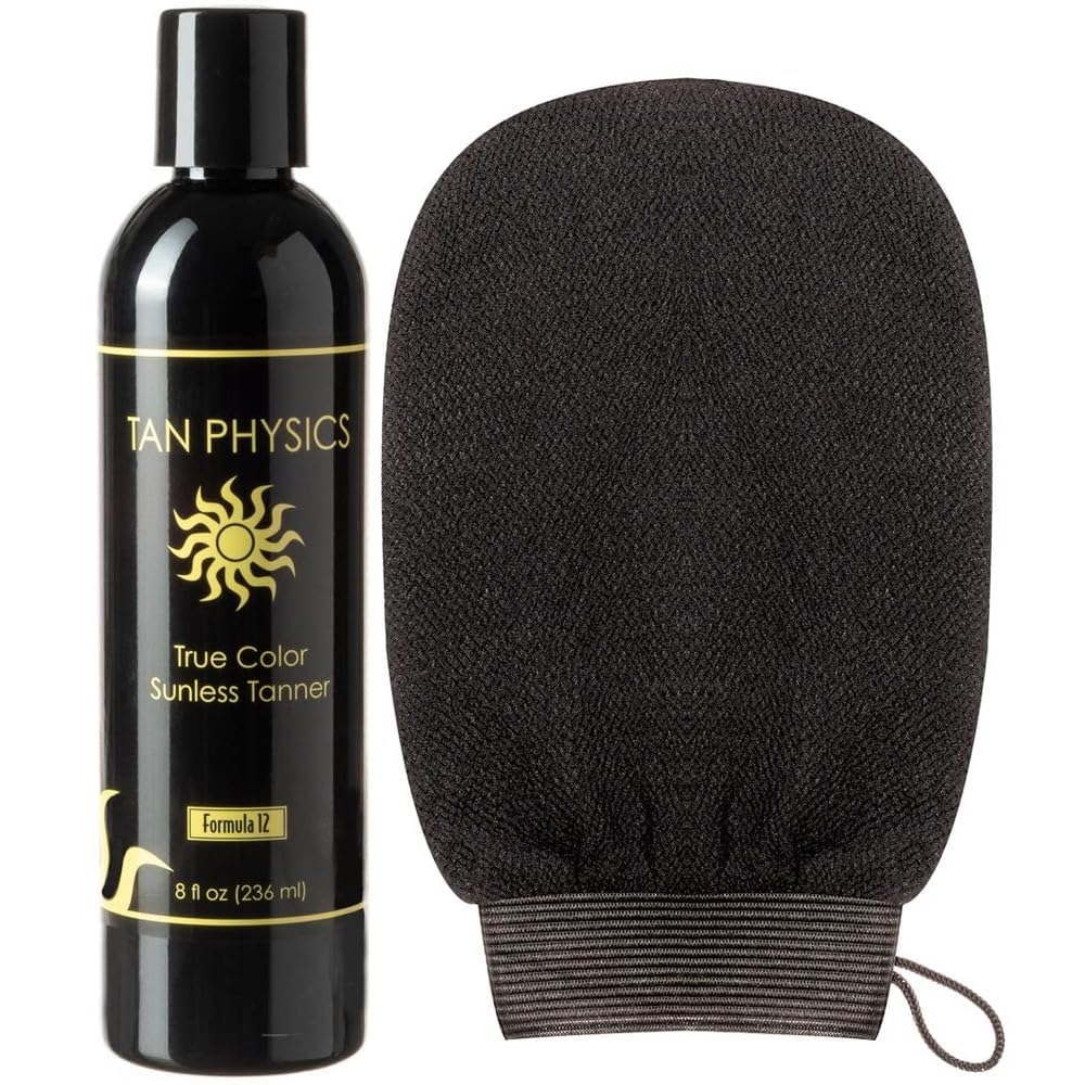 Tan Physics Sunless Tanner 8oz with Exfoliation Mitt- Self Tanning Lotion - Instant Tanning Lotion for Face & Body - Natural Self Tanner for a