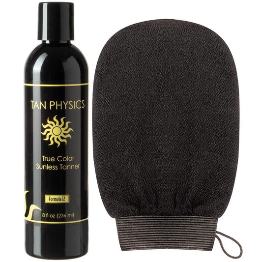 Tan Physics Sunless Tanner 8oz with Exfoliation Mitt- Self Tanning Lotion - Instant Tanning Lotion for Face & Body - Natural Self Tanner for a