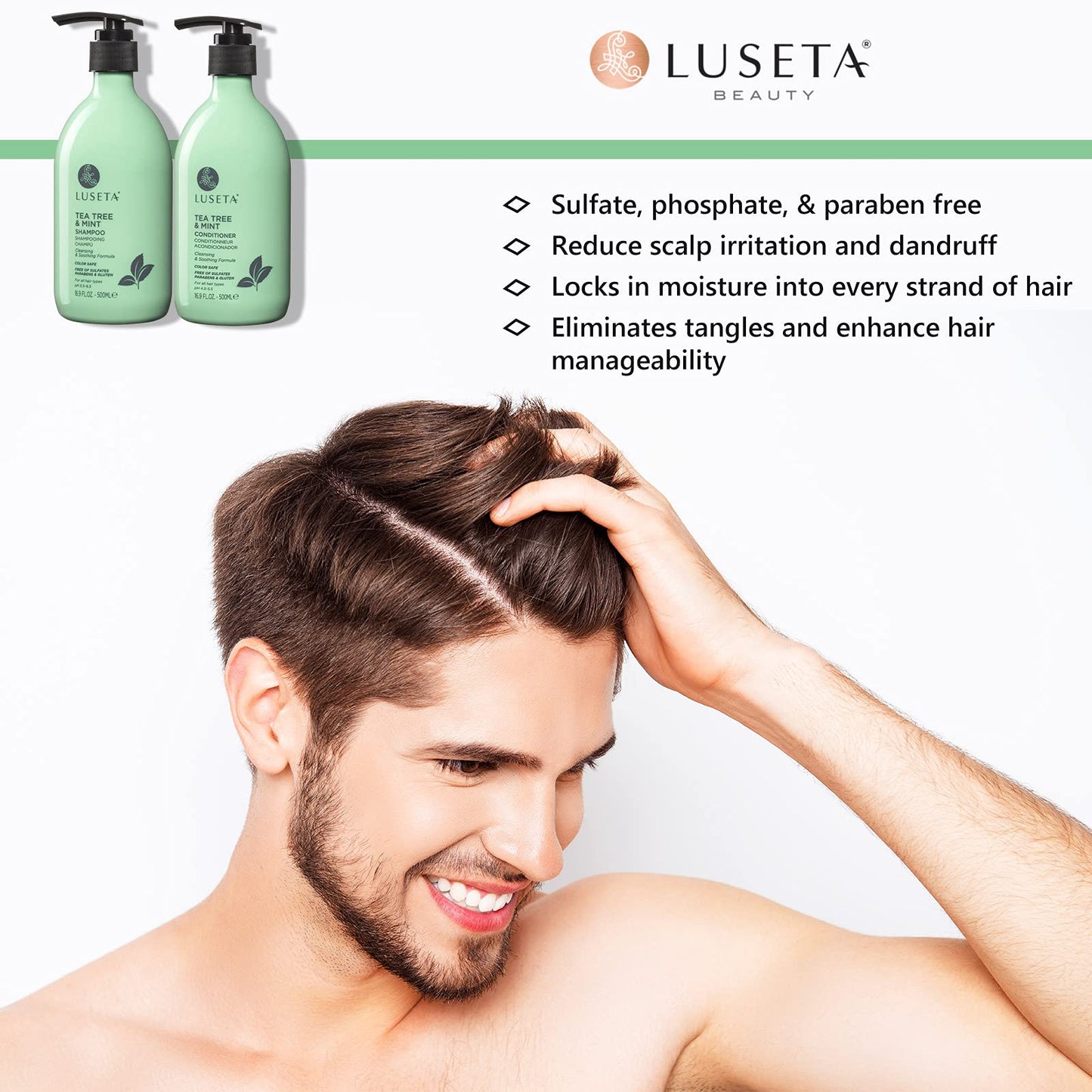 Luseta Tea Tree & Mint Shampoo Cleansing and Soothing for All Hair Types Nourishing & Invigorating Scalp Fights Dandruff 16.9 Oz