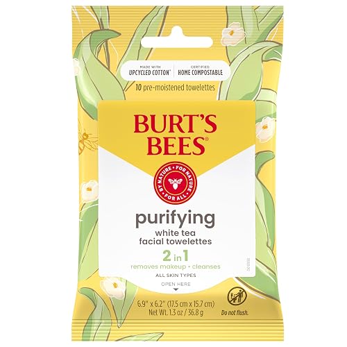 Burt's Bees Purifying Facial Towelettes With White Tea, Pre-Moistened Towelettes for All Skin Types, 99.1 Percent Natural Origin Skin Care, 10 ct