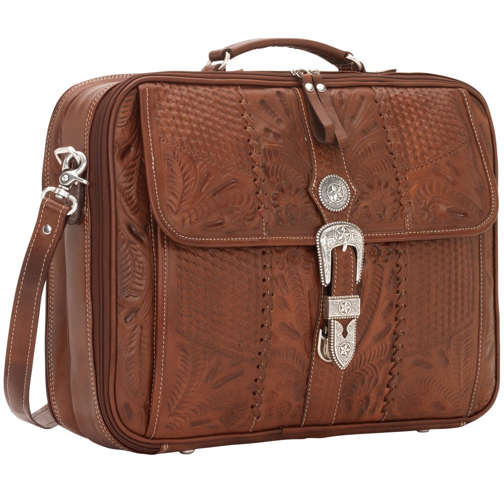 American West Hand Tooled Handcrafted 100% Genuine Leather Laptop Briefcase for Men and Women | Classic Travel Collection | Western (Medium Brown)