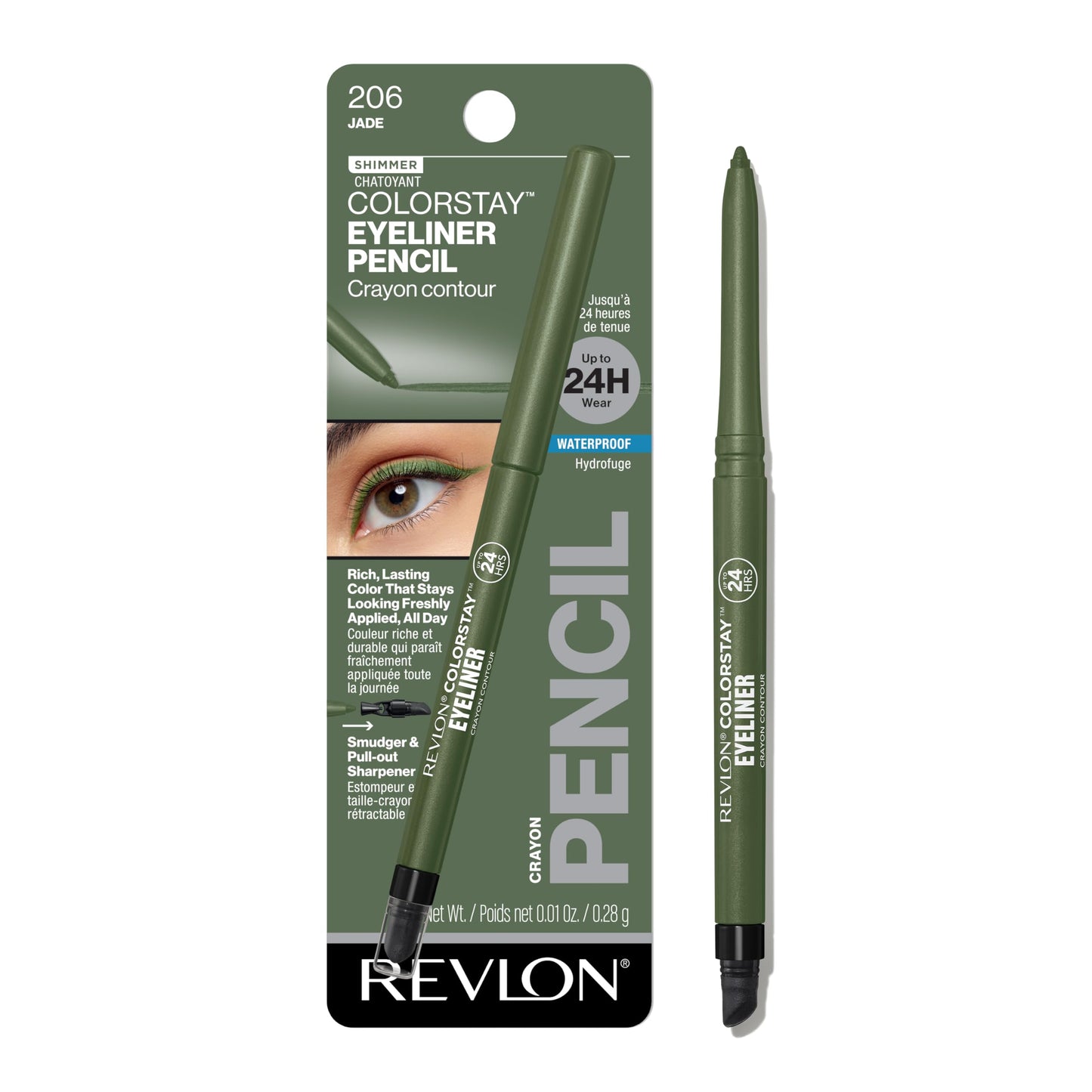 Revlon ColorStay Pencil Waterproof Eyeliner, Smudge-Proof, Eye Makeup with Built-In Sharpener, Stocking Stuffer for Women, 206 Jade, 0.01 oz