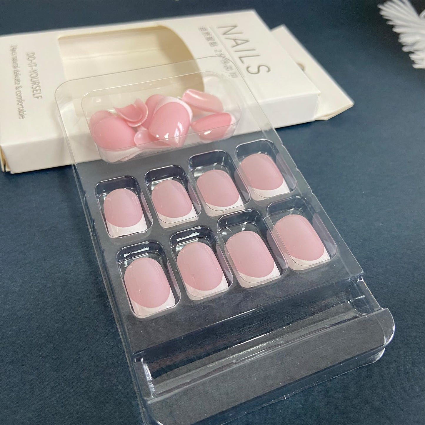 White French Tip Press on Nails Short Square Fake Nails Glossy Pink False Nails with Glue on Nails Reusable Full Cover Stick on Nails Acrylic Beauty and Personal Care Vopintpy