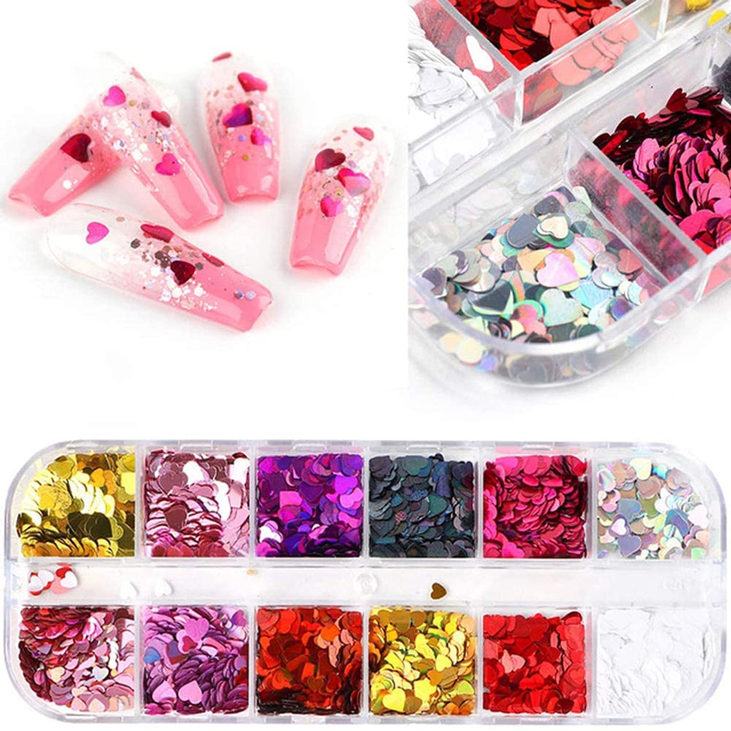 12 Colors Heart Holographic Nail Glitter Sequin Accessories Colorful 3D Heart Nail Flakes Powder UV Gel Polish Acrylic Design for Women Girls Manicure
