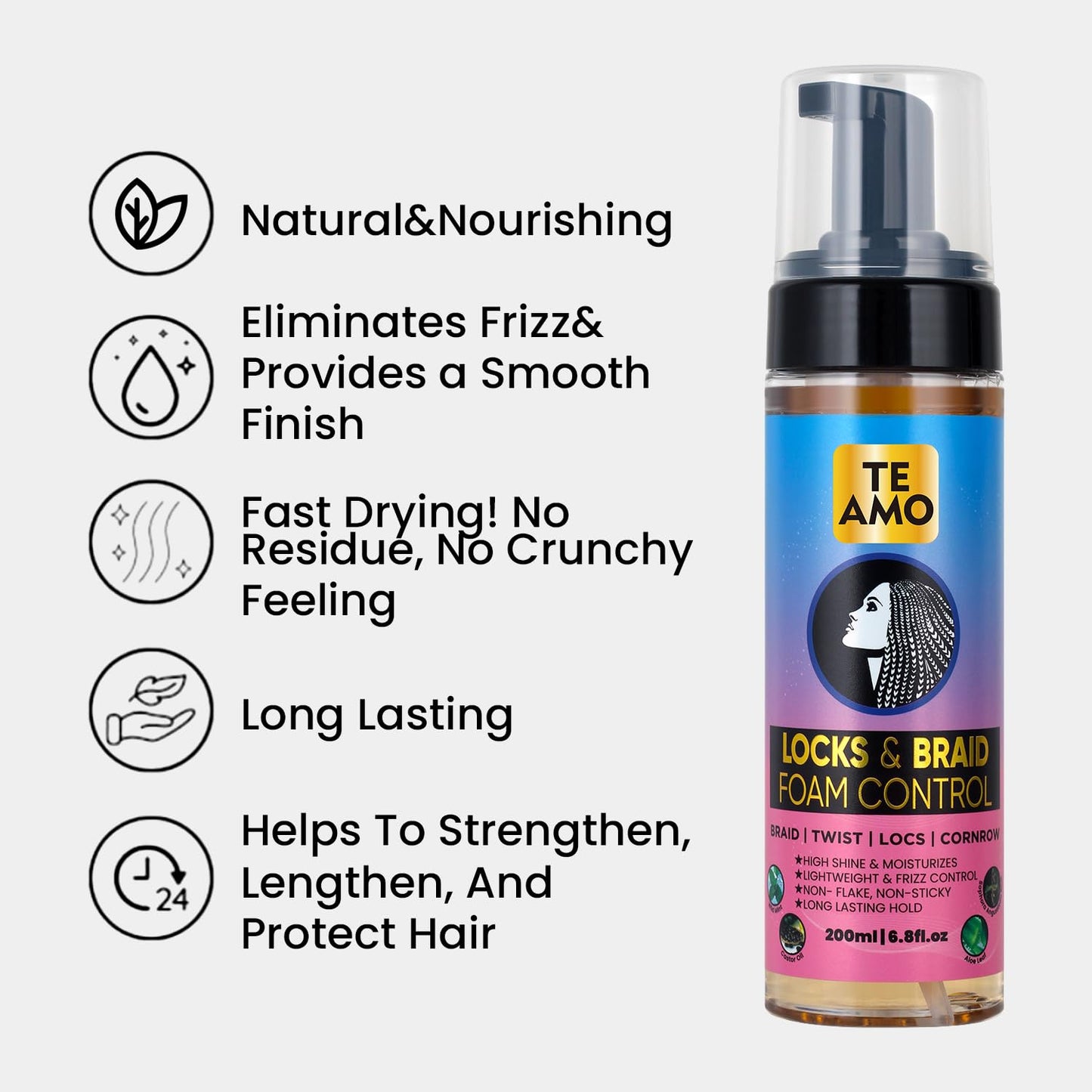 Te Amo Locks & Braid Foam Control - Long-Lasting Braid Foam for braiding | No Frizz or Fraying | Moisturizes & Seals Braids, Locs, Twists & Cornrows