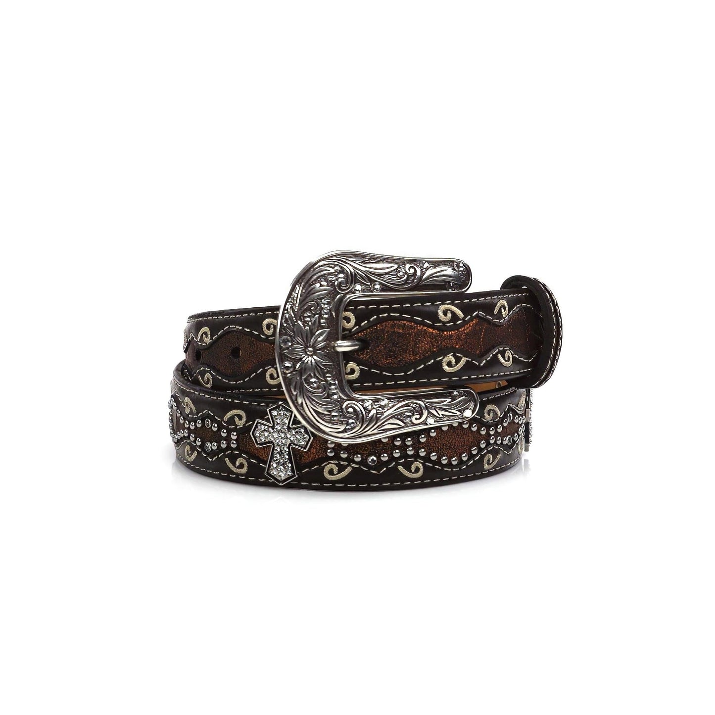 ARIAT Youth Girls Rhinestone Cross Conchos Faux Crocodile Belt, Brown, 24