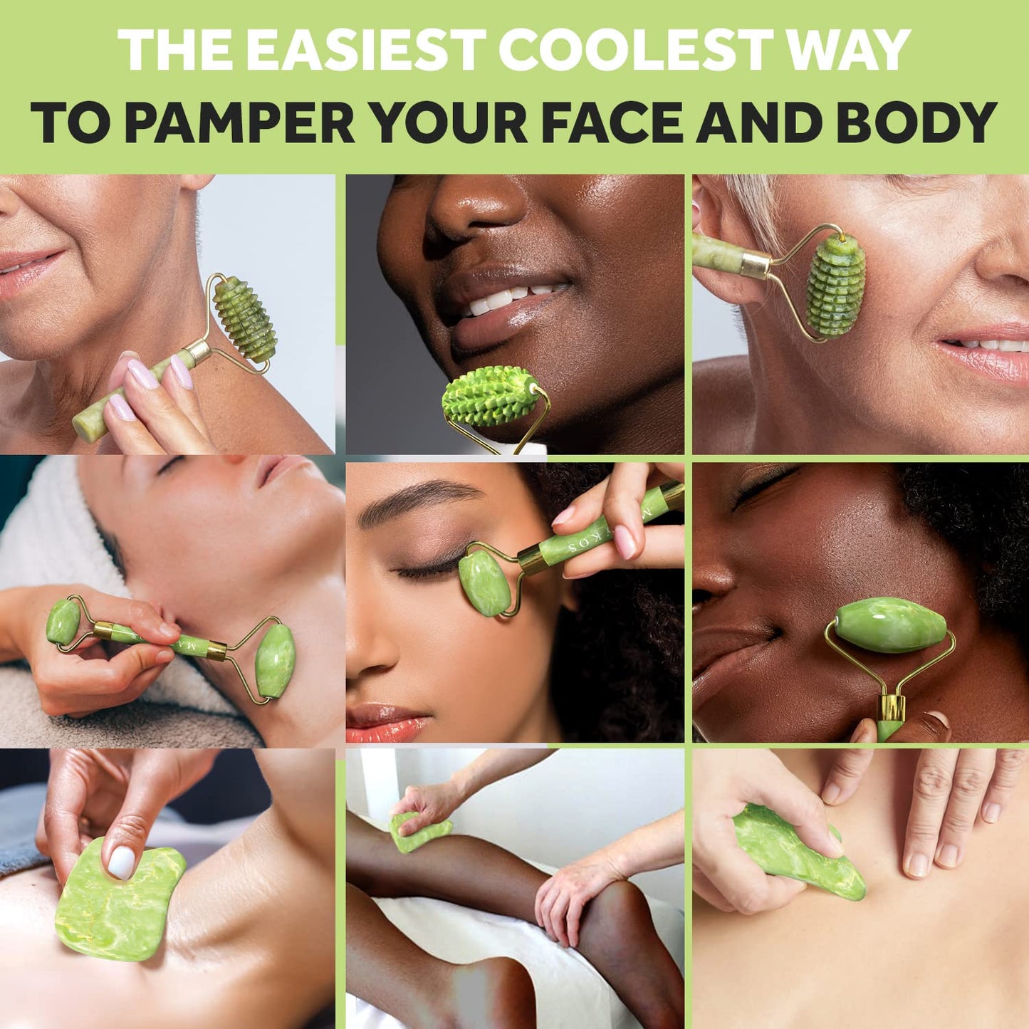 Matykos Jade Roller for Face and Gua Sha Set - 2 Anti-Aging Facial Rollers and Gua-Sha Facial Tool - Face and Body Massager for Your Skincare Routine