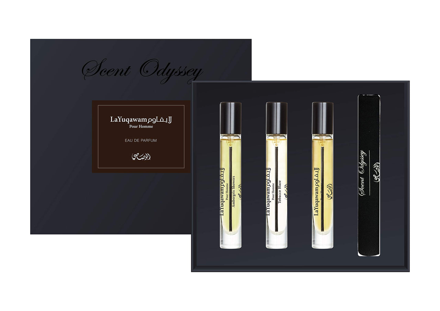 Rasasi Scent Odyssey - La Yuqawam for Men - 3 Pc Gift Set 0.25oz LaYuqawam Pour Homme EDP Spray, 0.25oz Ambergris Showers EDP Spray, 0.25oz Tobacco