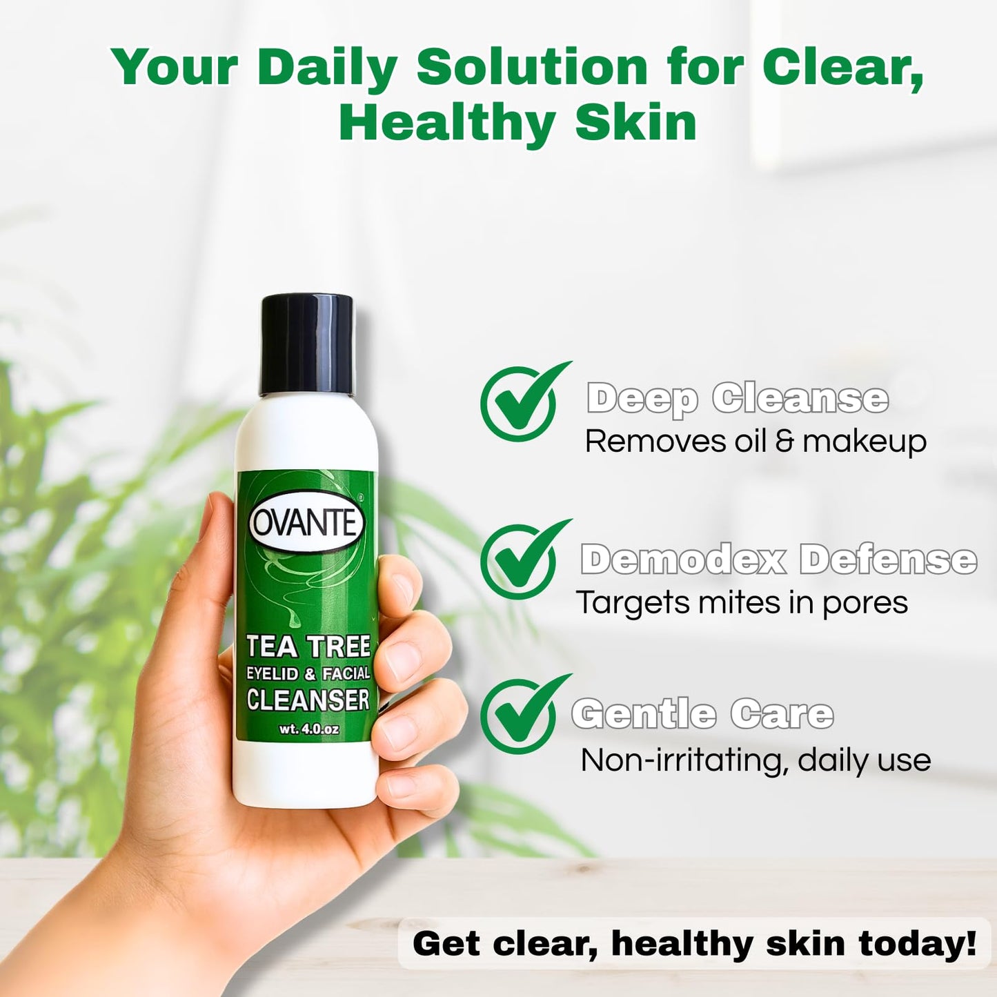 OVANTE Tea Tree Oil Eyelid, Facial Cleanser Wash For Demodex Prone Skin 4.0 oz