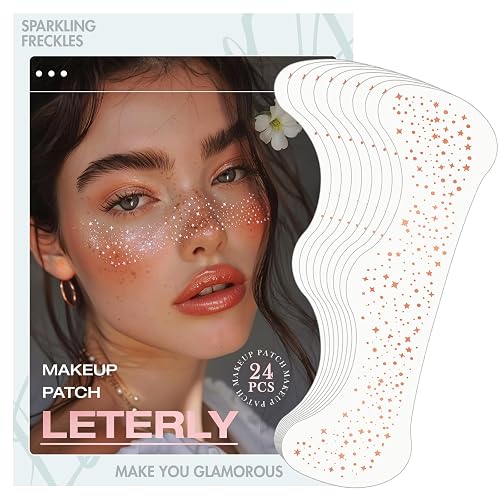 Leterly 24 Pcs Glitter Freckles Face Tattoo,Rose Gold Face Glitter Makeup Patches Cute Sparkle Freckles Patches Waterproof Makeup Speckles for Face