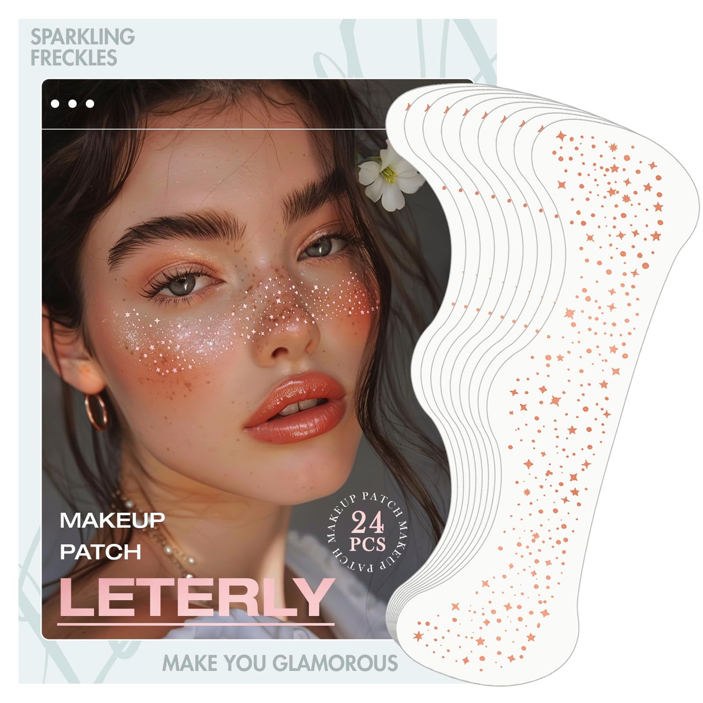 Leterly 24 Pcs Glitter Freckles Face Tattoo,Rose Gold Face Glitter Makeup Patches Cute Sparkle Freckles Patches Waterproof Makeup Speckles for Face